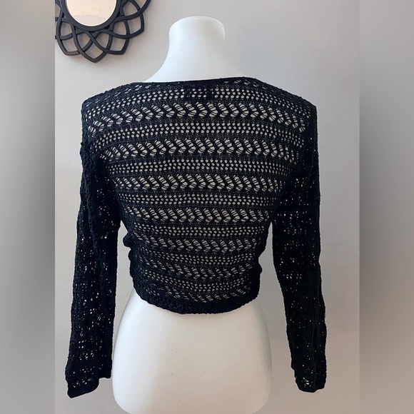 Vintage Periwinkle Black Open-Knit Crochet Style Crop Cardigan Bohochic - Picture 3 of 7